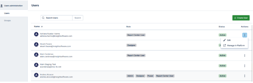 User Management in Reports Center